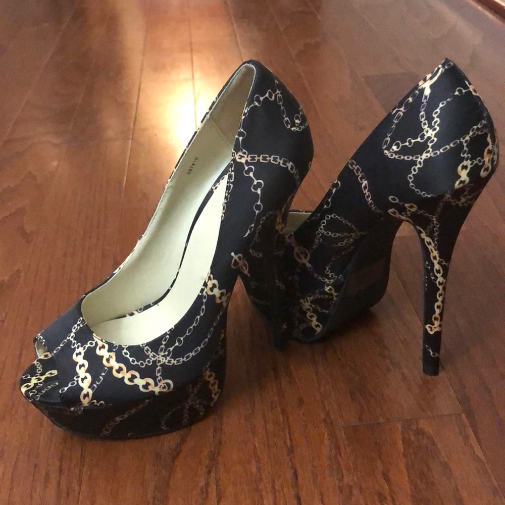 Black & gold open toe platform heels